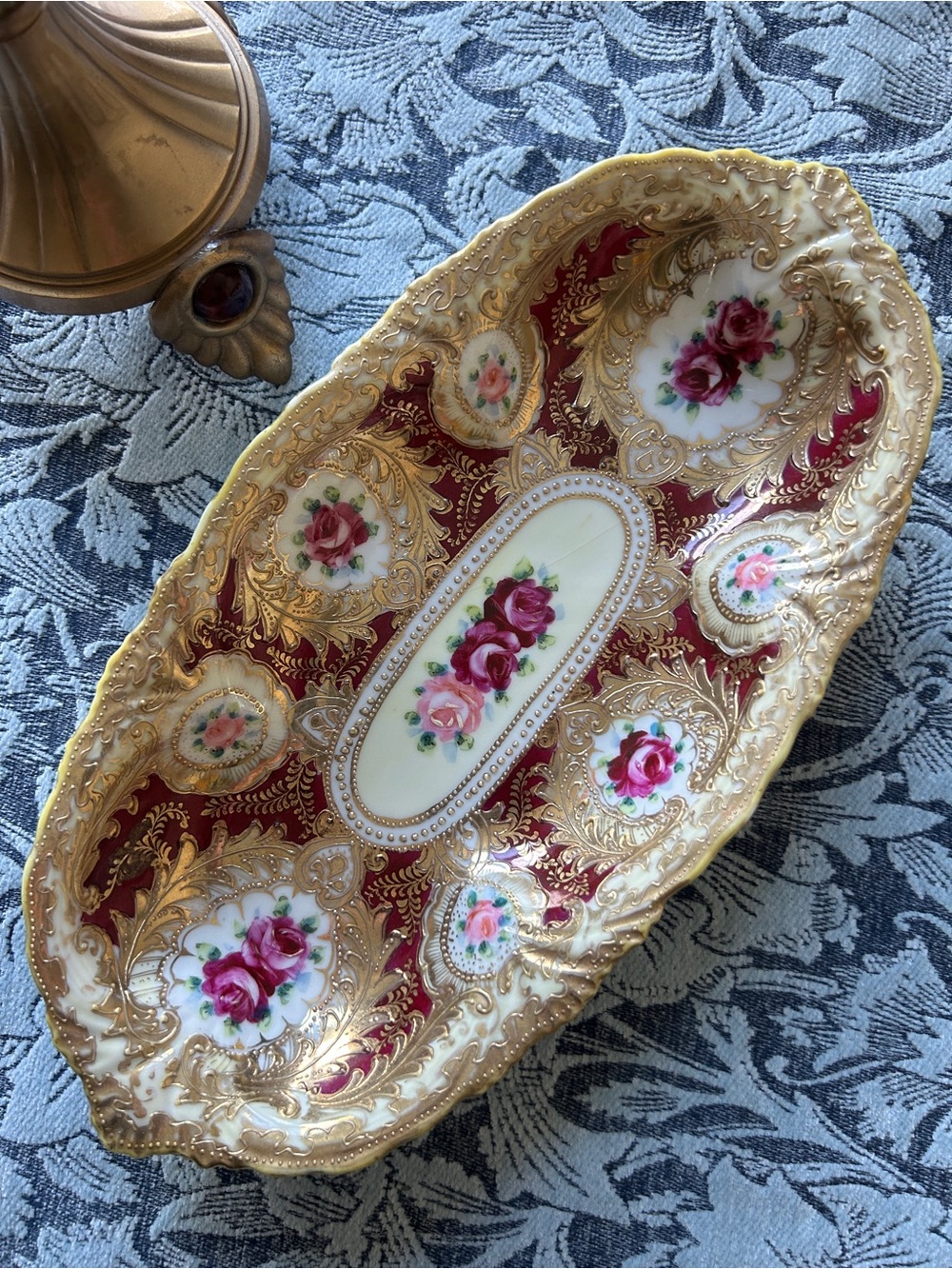 Antique Hand Painted Porcelian ornate floral serving tray with gold trim & roses